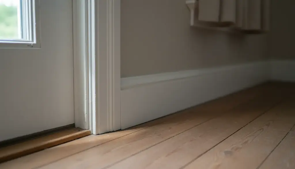 Painted door casing and baseboard trim in a softly lit interior doorway